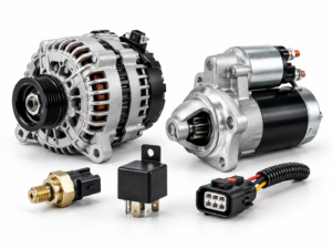 Ilustración de piezas eléctricas de tractor, incluido alternador, motor de arranque, sensor, relé y conector