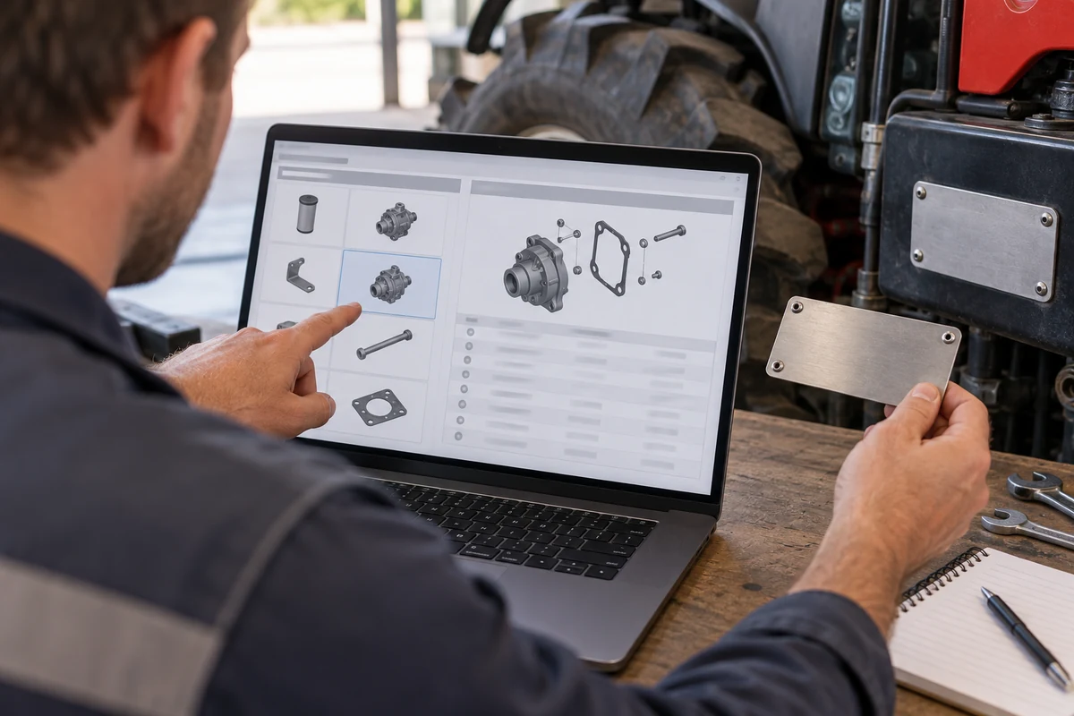 How to Find Tractor Parts by OEM Number: A Step-by-Step Guide Technician comparing an unlabeled parts-catalog screen with a blank equipment identification plate