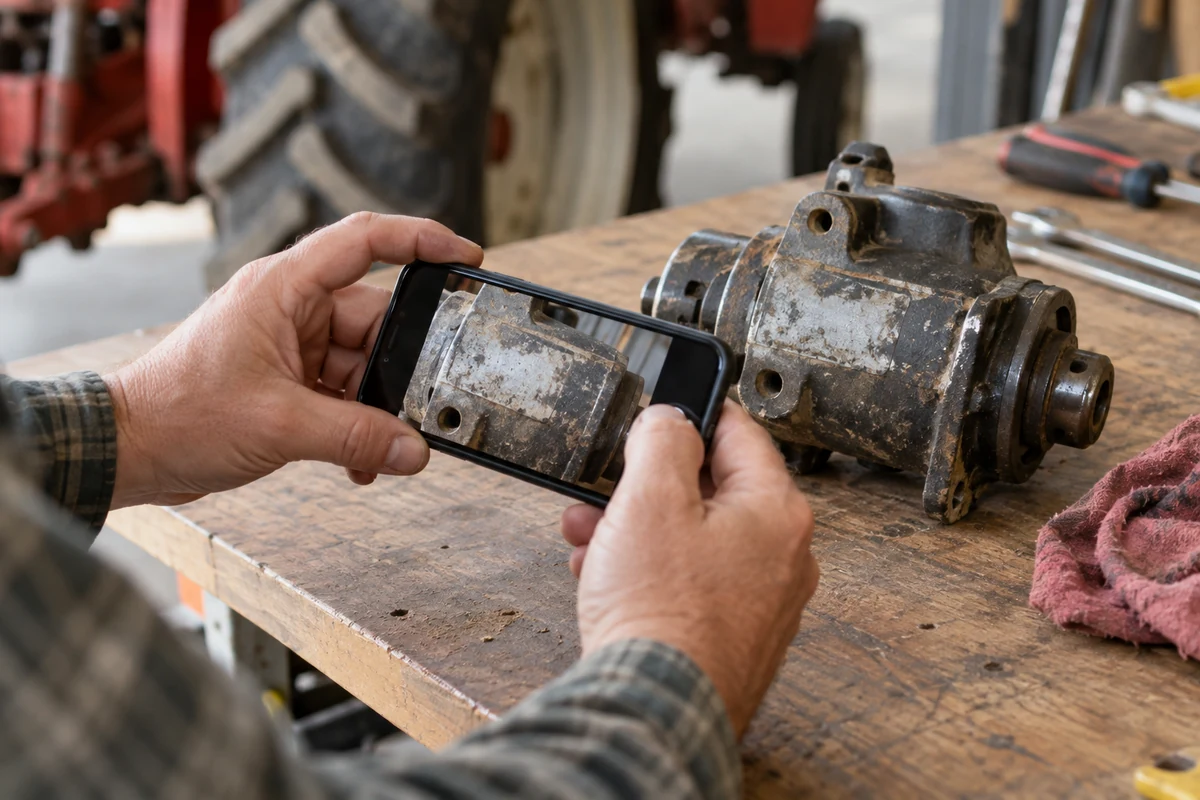 How to Find Tractor Parts by OEM Number: A Step-by-Step Guide Technician photographing an indistinct marking on a generic tractor component