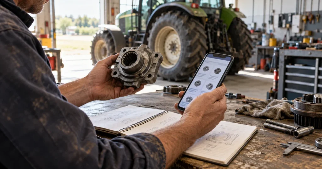 How to Find Tractor Parts by OEM Number: A Step-by-Step Guide Technician comparing an unbranded tractor component with a generic catalog interface in a repair workshop