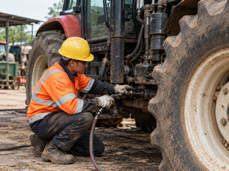 AI-generated illustration of a worker servicing a tractor