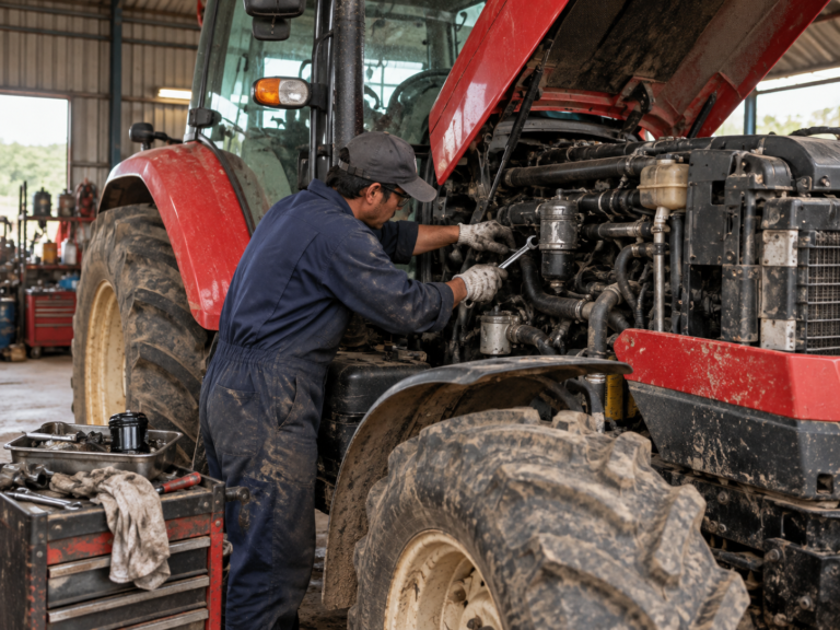 AI-generated illustration of a technician servicing a tractor