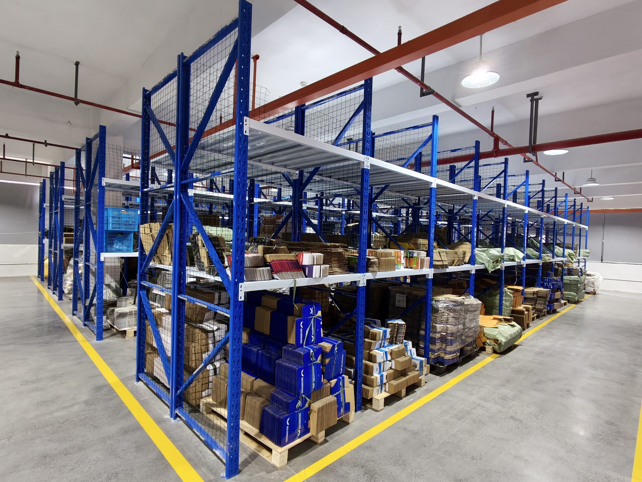 Warehouse shelves with stock and export packing
